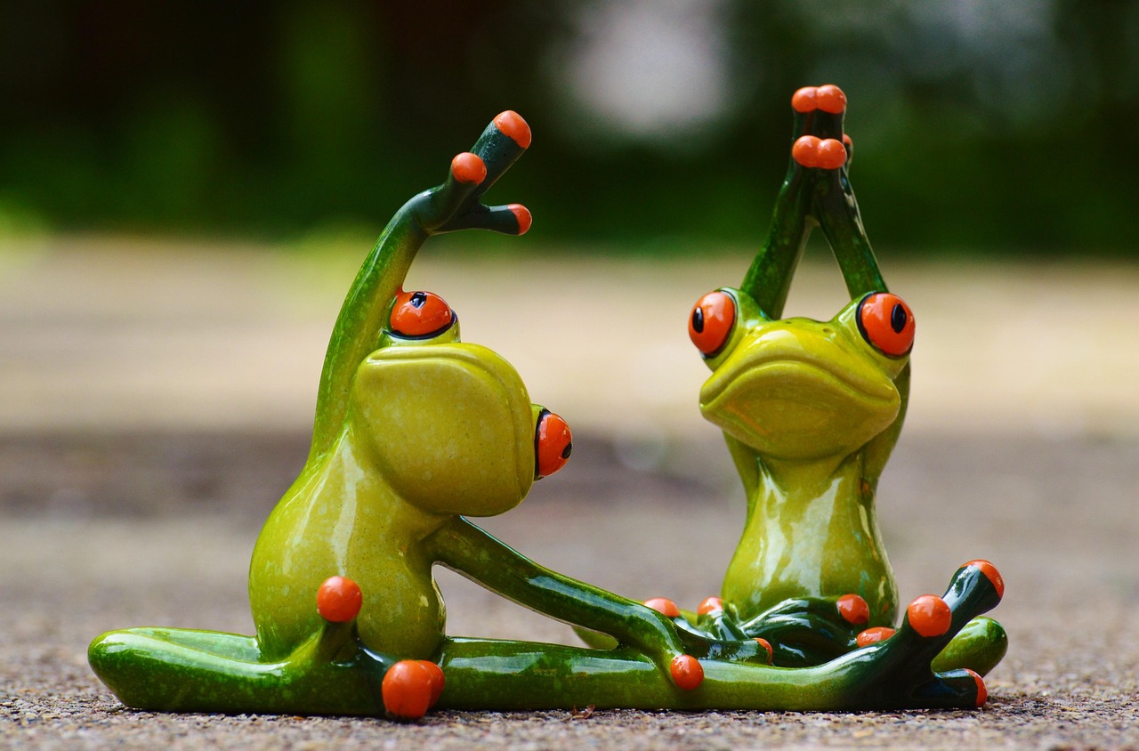 Two ceramic frog friends, exercising together.